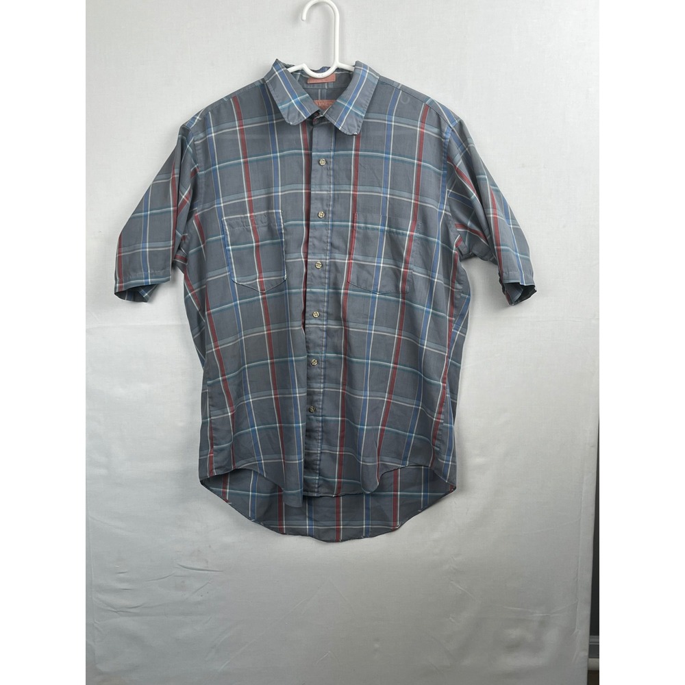Plaid Short Sleeve Button Down Shirt Grey Blue Red Casual 22.5x31.5